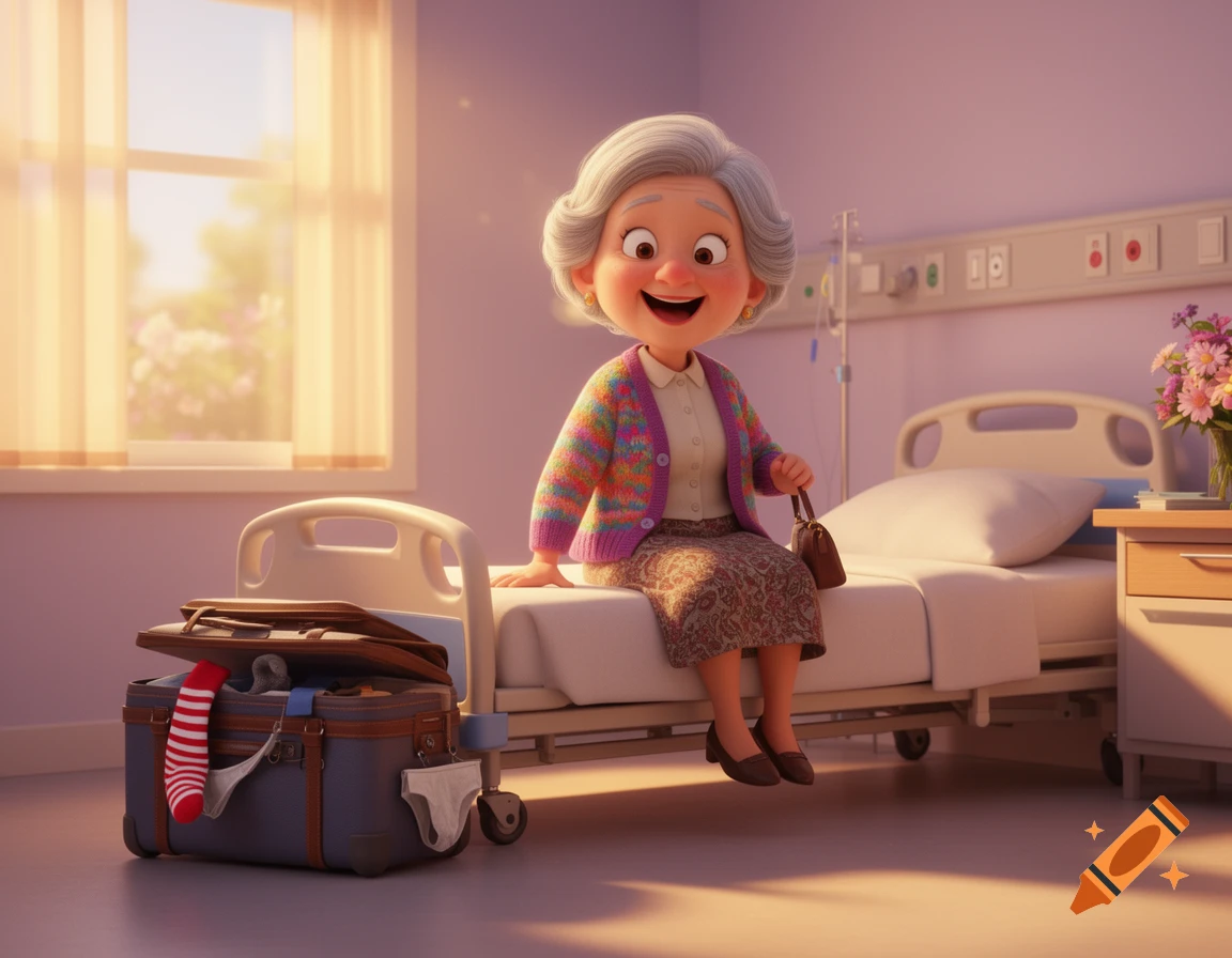 A 3D Pixar-style cartoon of a smiling elderly woman sitting on a hospital bed with a suitcase beside her, ready to go home.