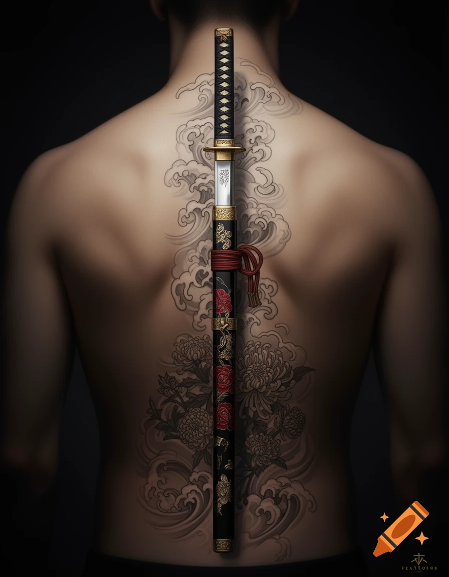 Close-up of a person's bare back featuring a large Japanese katana sword and wave and flower tattoos along the spine.
