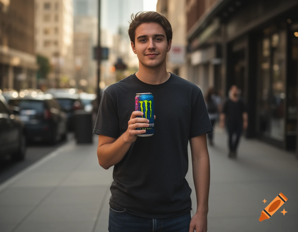 Photorealistic image of a young man holding a blue energy drink can on a city sidewalk.