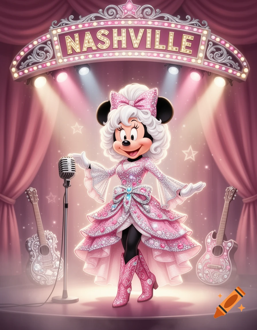 Minnie Mouse dressed as Dolly Parton in a pink sparkly gown and cowboy boots on a Nashville stage with a vintage microphone.