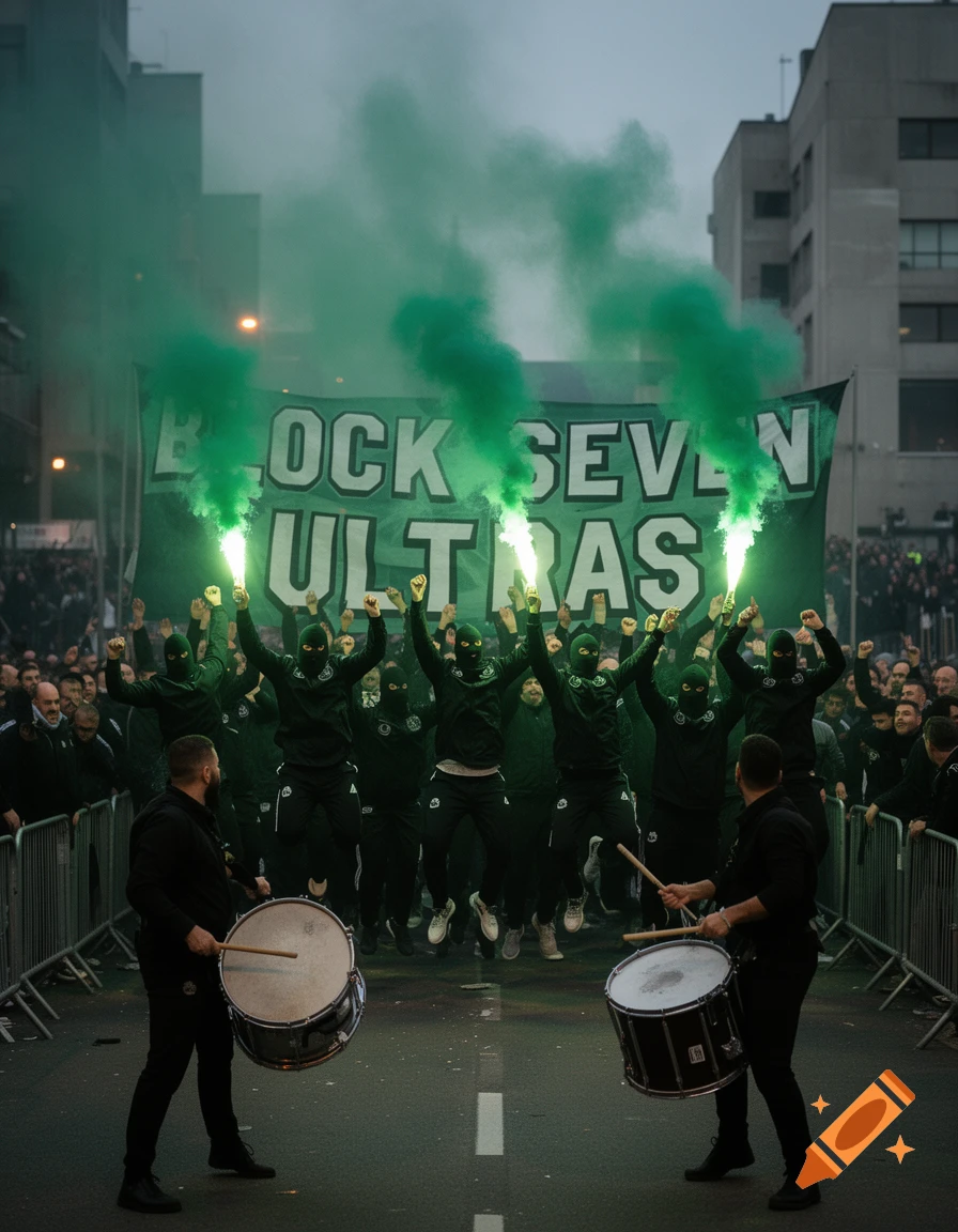 Photorealistic image of soccer ultras in black tracksuits and balaclavas holding green smoke flares and a banner saying Block Seven Ultras.