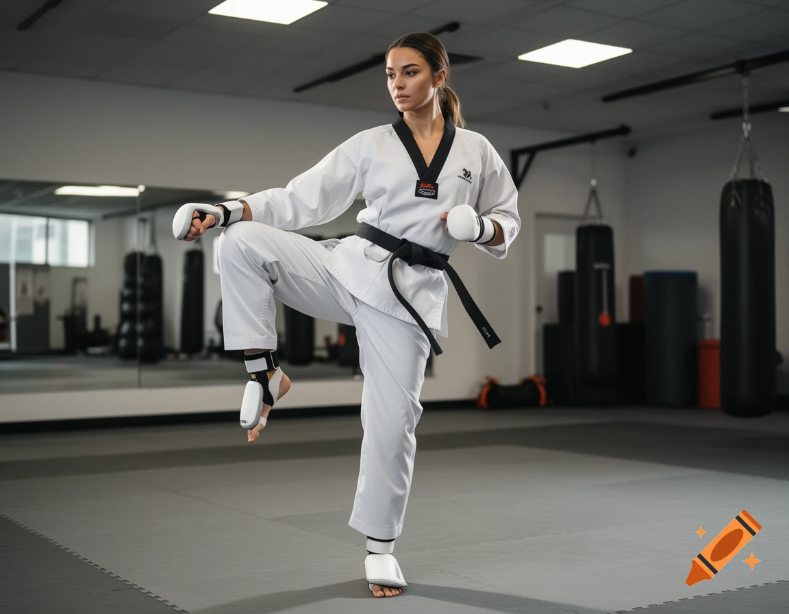Photorealistic image of a woman in a white taekwondo uniform practicing a kick in a gym.