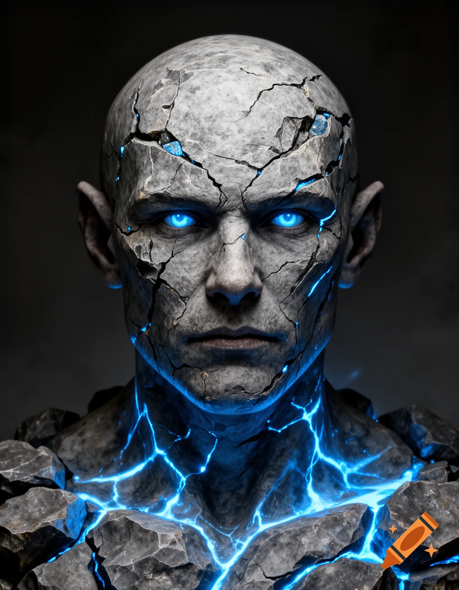 Headshot portrait of a humanoid creature with gray cracked stone skin, glowing electric blue eyes, and bright blue energy veins.