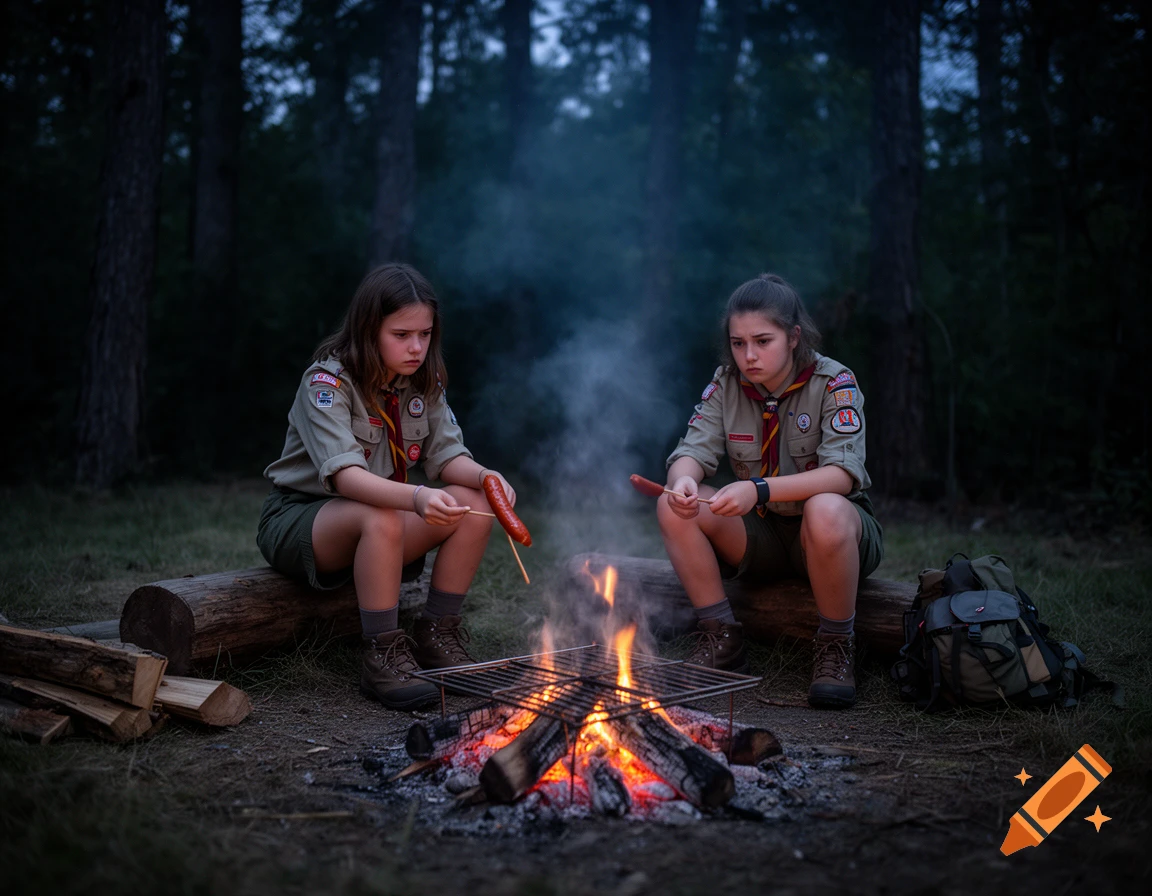 Two young female scouts in uniforms sitting on logs by a dying campfire at night, holding sticks with sausages.