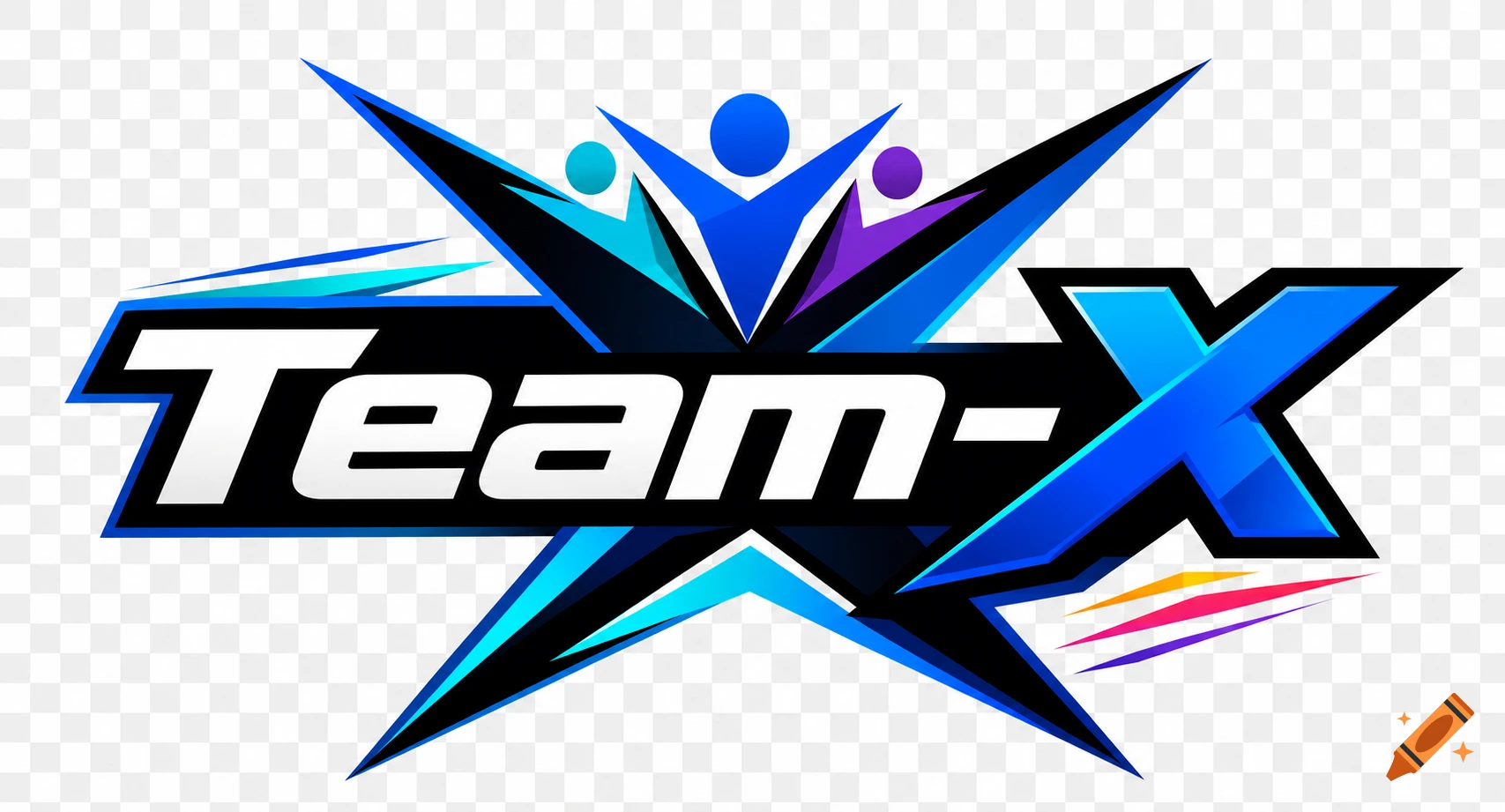 Colorful logo with the text Team-X and stylized silhouettes of people in blue, black, and cyan.
