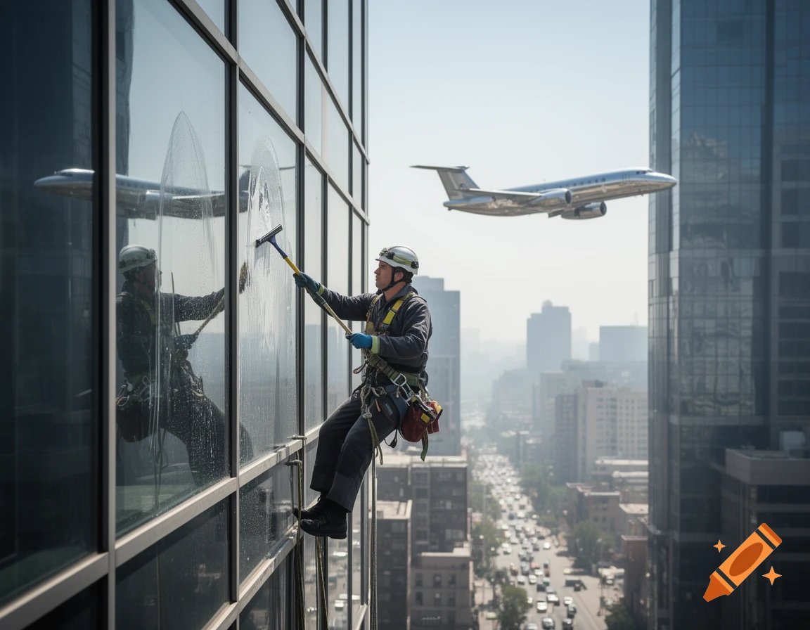 Photorealistic image of a window cleaner suspended on ropes outside a skyscraper, washing the glass, with an airplane flying in the sky above a distant city street.