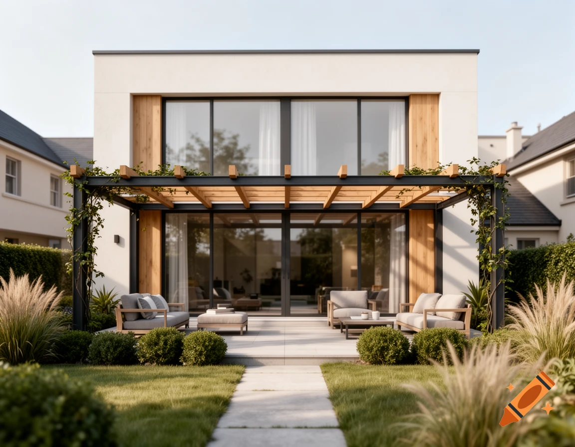 Photorealistic exterior view of a modern two-story house with a wooden pergola, patio furniture, and a manicured garden.