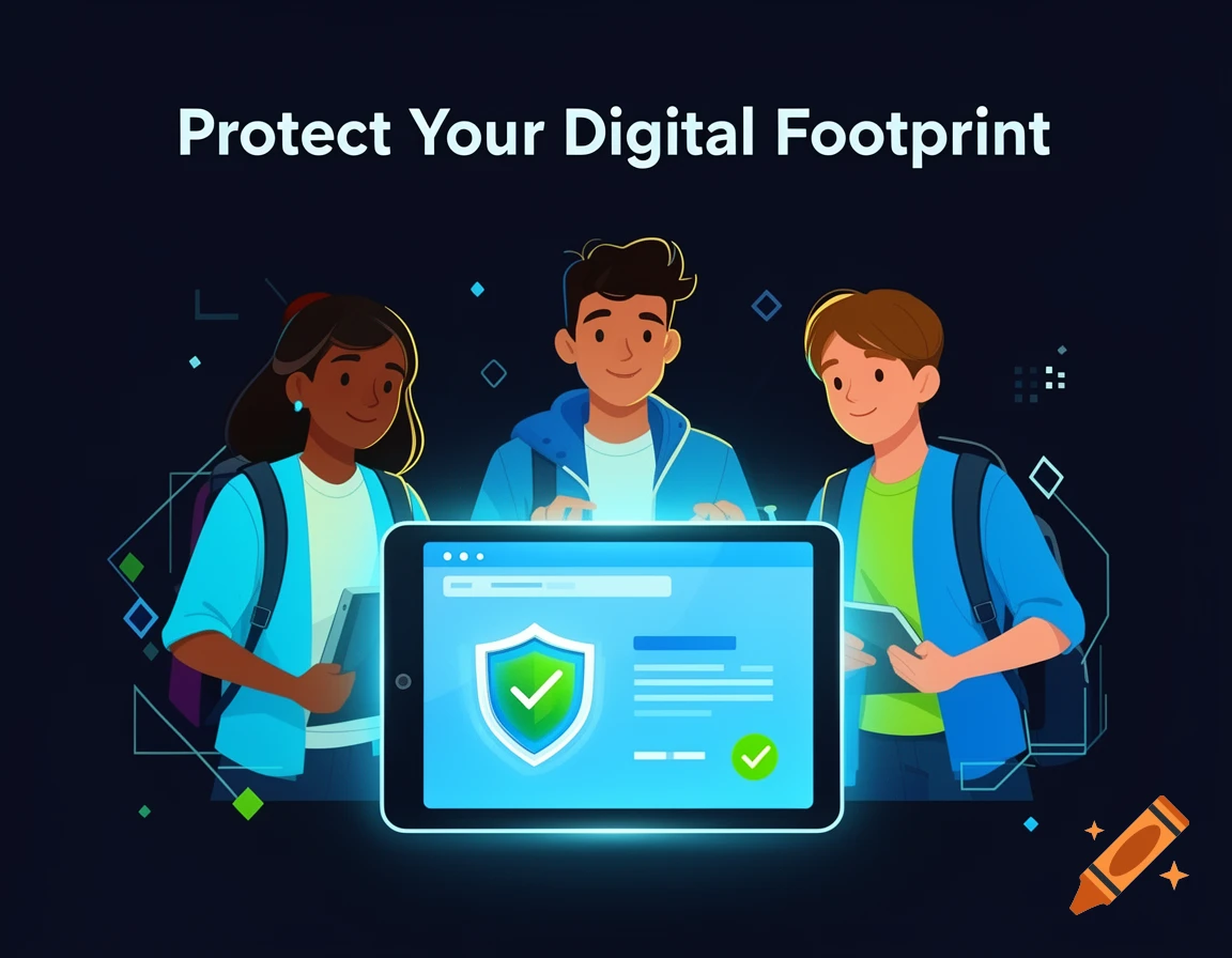 2D vector illustration of three high school students gathered around a glowing tablet with a shield icon under the text Protect Your Digital Footprint.