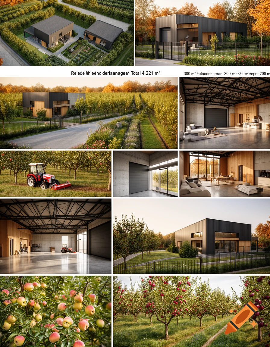 Photorealistic grid collage showing an industrial style building, warehouse interior, orchard, and tractor.