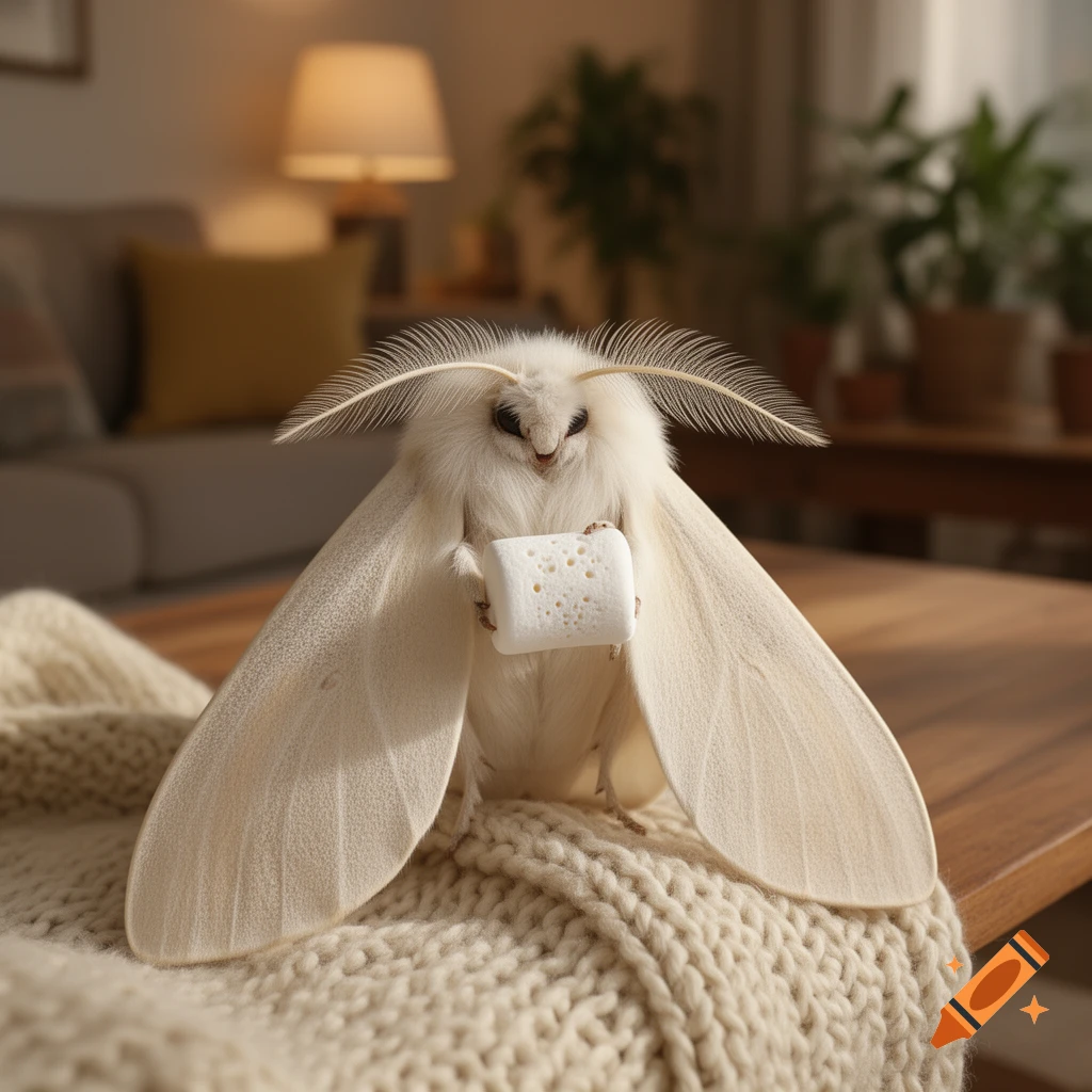 A photorealistic white silk moth with bushy antennae holding a marshmallow, resting on a knit blanket in a cozy room.