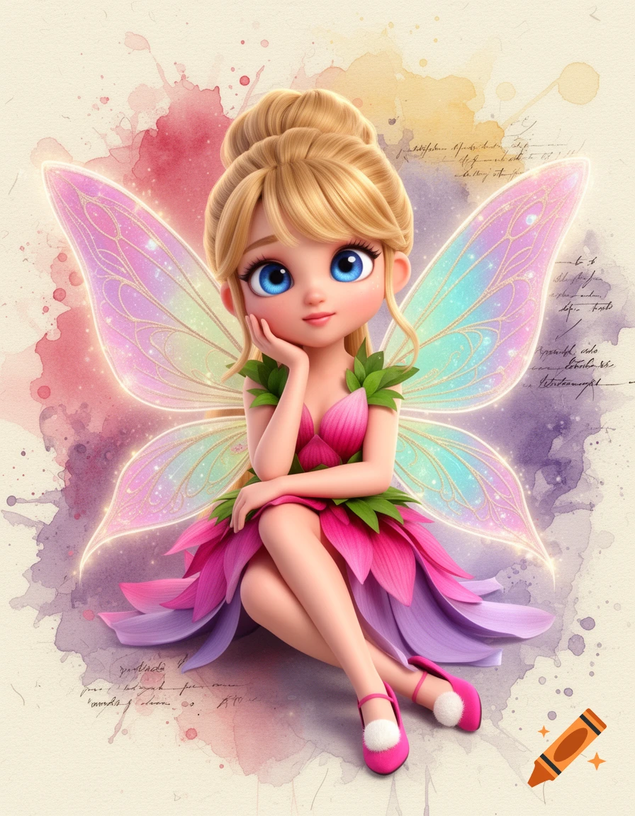 3D chibi style illustration of a cute blonde fairy with translucent wings, sitting gracefully amidst watercolor splashes.