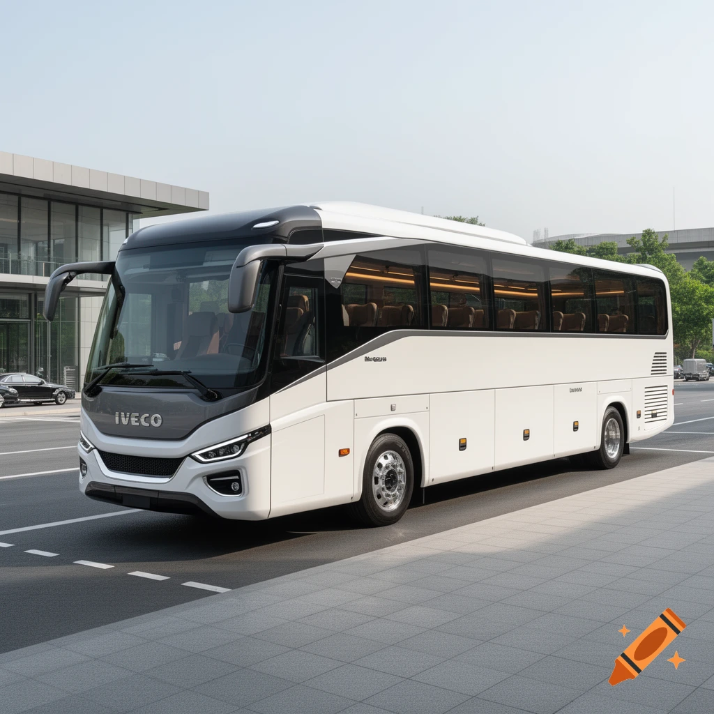 Photorealistic image of a modern white Iveco bus parked on a city street.