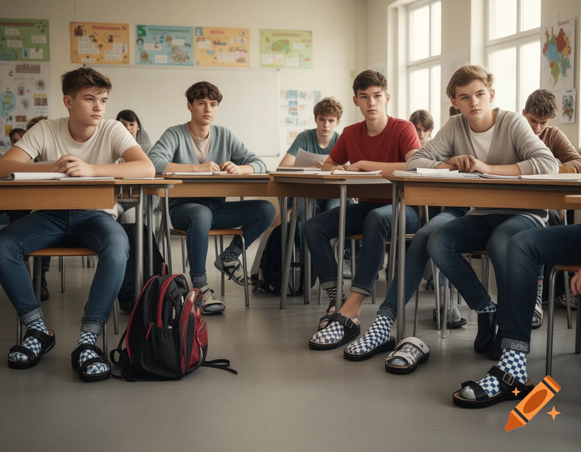 Photorealistic image of a group of male teenagers sitting in a classroom, wearing checkered socks and sandals.