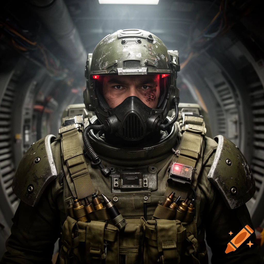 Close-up photorealistic portrait of a space marine wearing a heavy combat helmet and gas mask inside a metallic spaceship corridor.