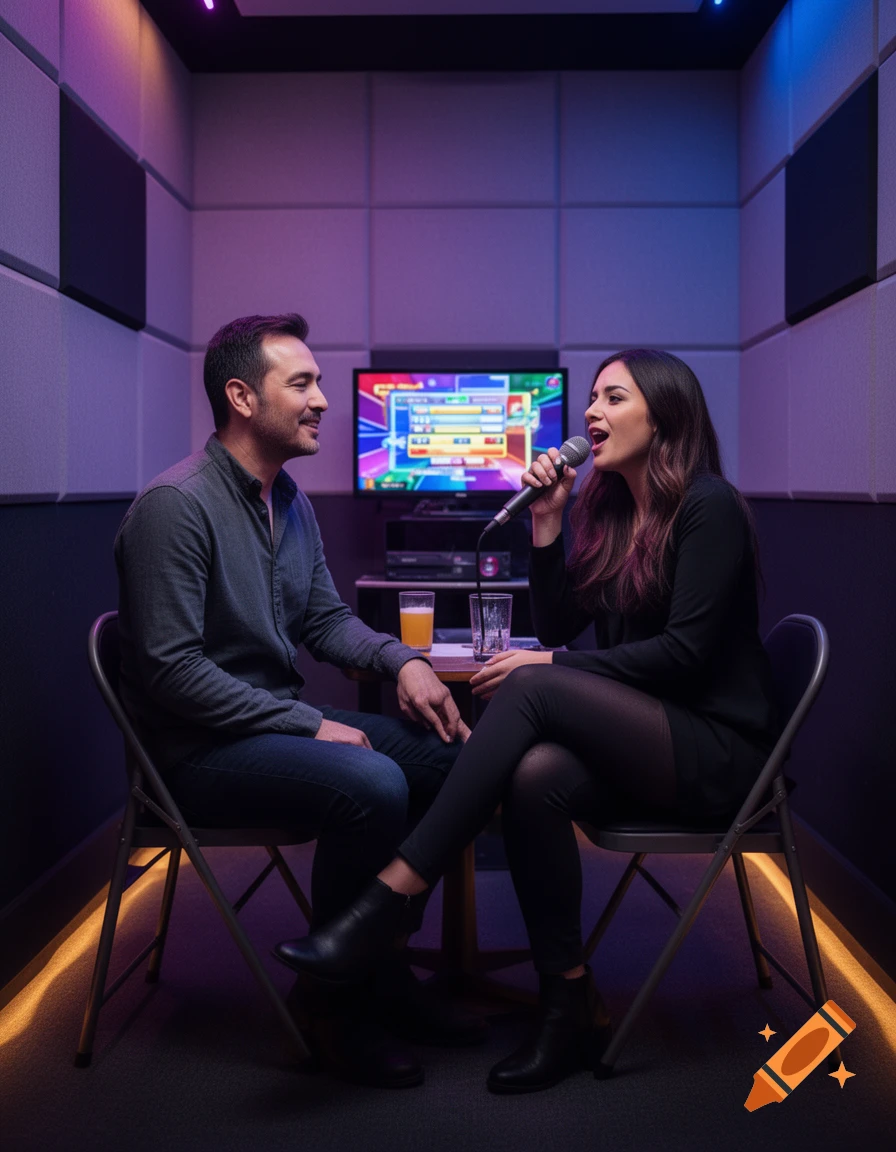 A man and woman sitting in a small karaoke booth, the woman holding a microphone and singing.