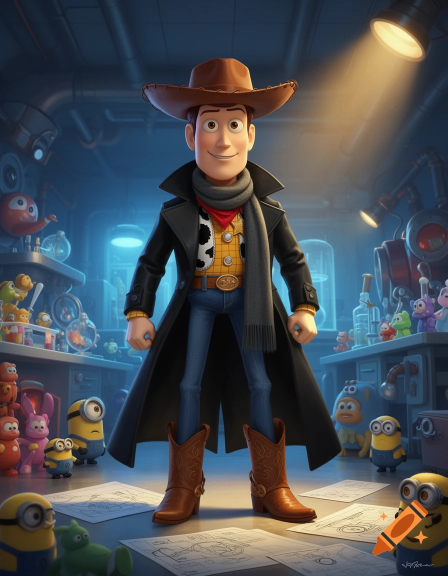3D animated style image of Woody from Toy Story wearing a black trench coat and scarf, standing in a laboratory surrounded by Minions.