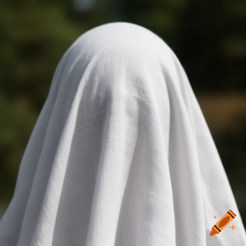 Close-up photograph of a person covered in a white sheet, resembling a ghost, against a blurred dark green background.