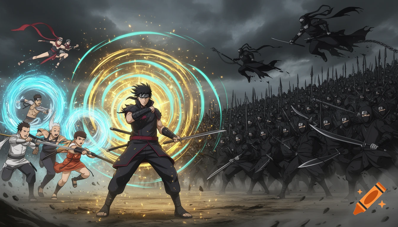 Anime-style illustration of a ninja surrounded by glowing energy portals facing a massive army of shadow ninjas under a stormy sky.