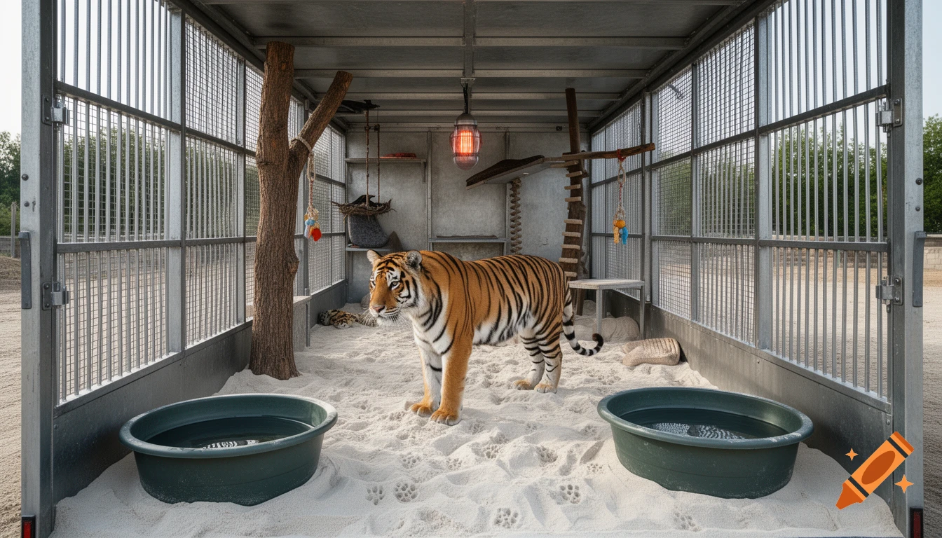 Photorealistic tiger standing in a large enclosure with sand floor, climbing structures, and water basins.