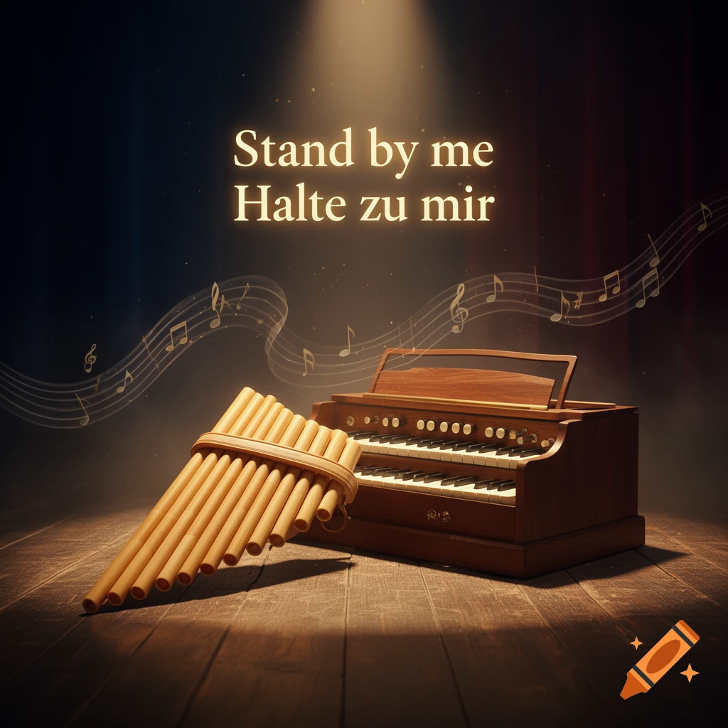 A pan flute and an organ on a wooden floor with musical notes and glowing text 'Stand by me Halte zu mir'.