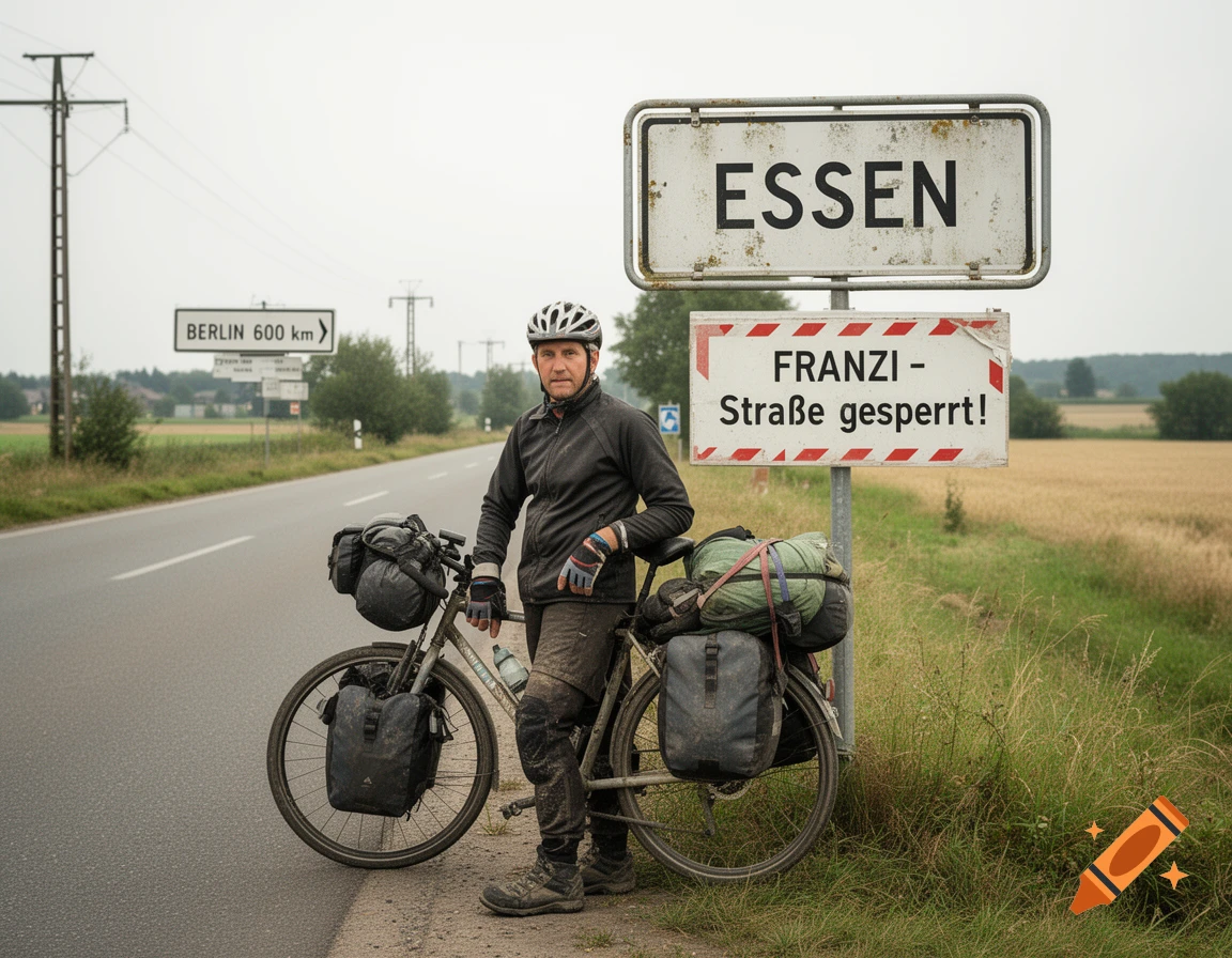 Photorealistic image of a cyclist with heavily loaded touring bicycle standing next to German town sign 'ESSEN'.