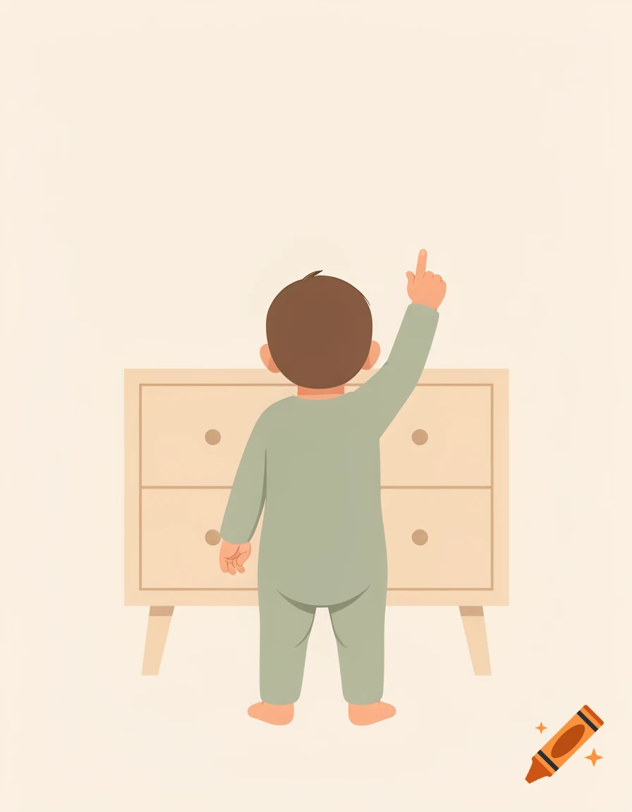 Illustration of a toddler in light green pajamas standing in front of a dresser, pointing up.