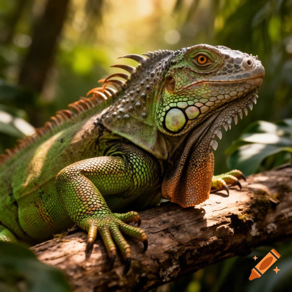 Photorealistic close-up of a green iguana perched on a tree branch in a lush tropical forest.