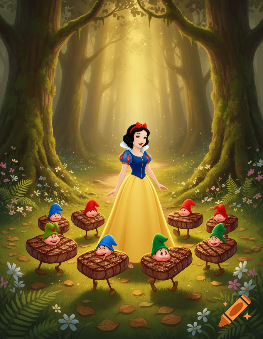 Snow White standing in a magical forest surrounded by seven cute animated meat steaks wearing dwarf hats, digital illustration.