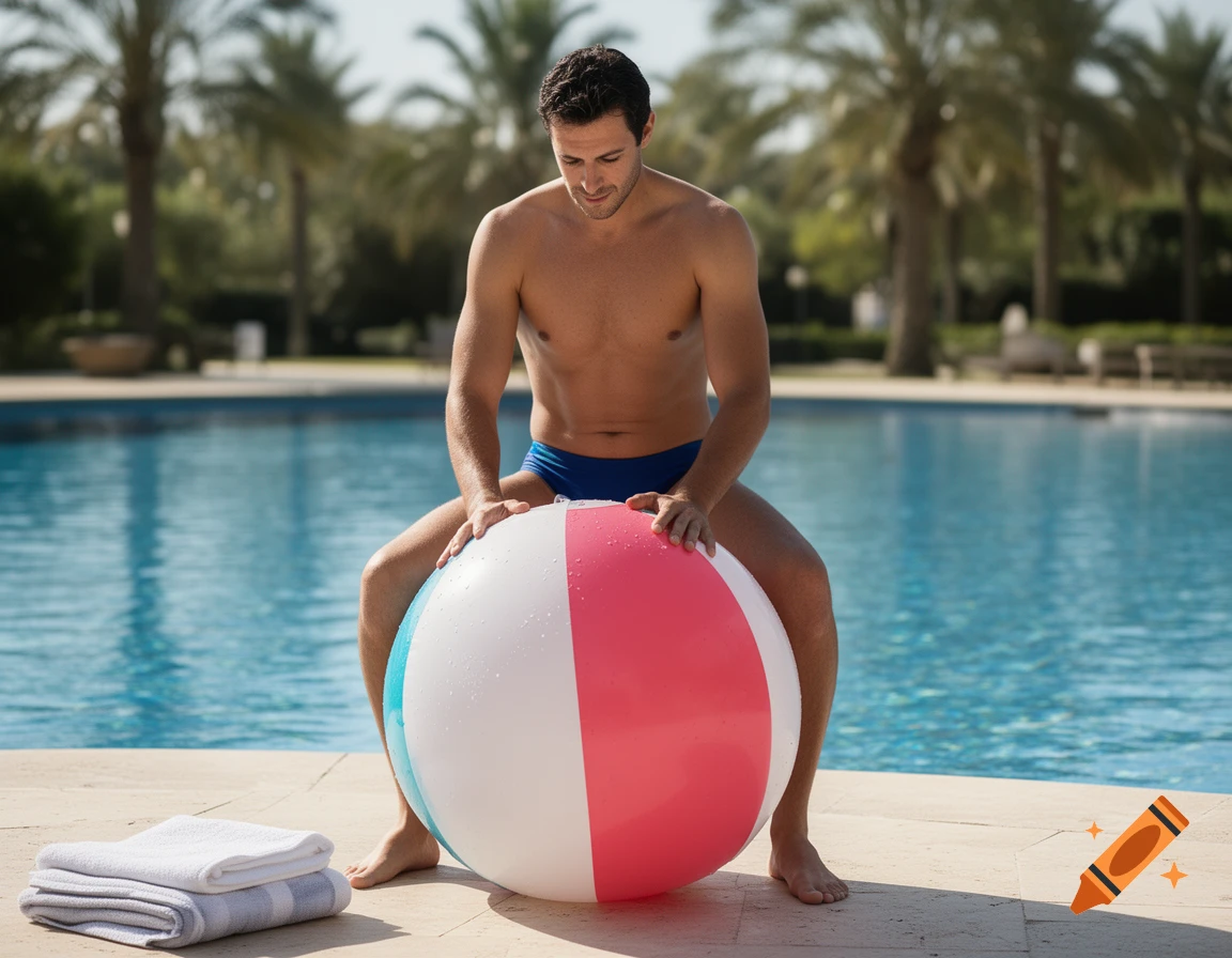 A shirtless man in blue swim trunks sitting on a large pink and white beach ball by a swimming pool.