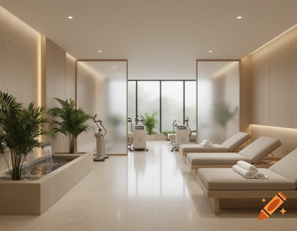 Photorealistic interior view of a modern spa and wellness center featuring loungers, indoor plants, and a water feature.