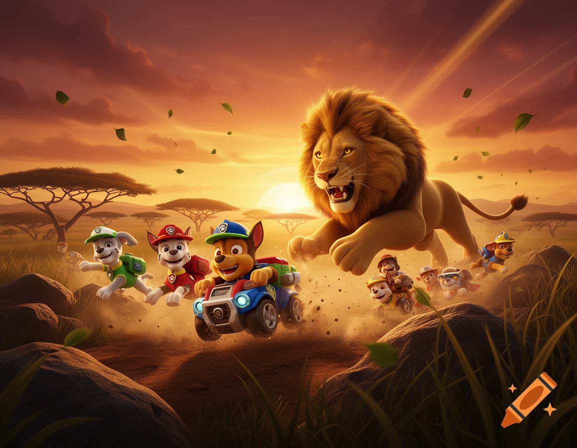 Digital illustration of cartoon dogs in vehicles fleeing from a large male lion in an African savanna at sunset.