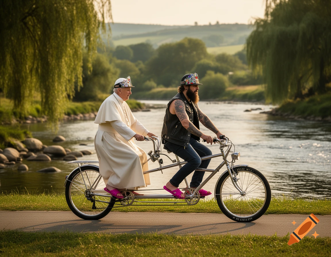 Photorealistic image of the Pope and a tattooed biker riding a tandem bicycle together along a riverbank, wearing pink sandals.