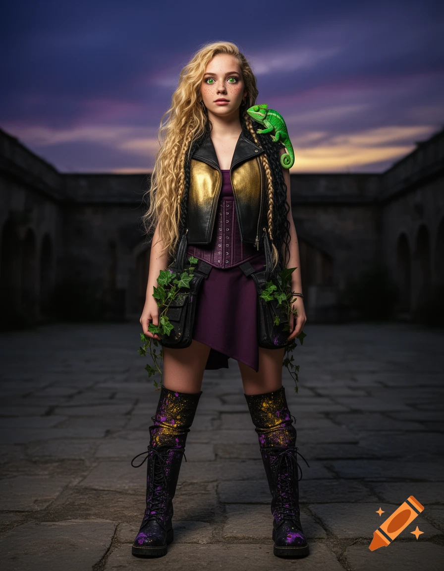Photorealistic full-body portrait of a young woman with blonde and black braided hair, wearing a punk-rock outfit and holding a chameleon.