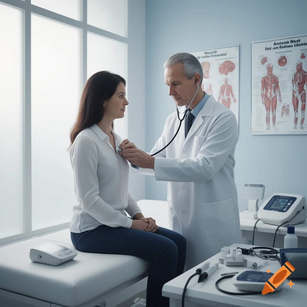 A doctor using a stethoscope to examine a female patient seated on an examination table in a clinic, photorealistic.