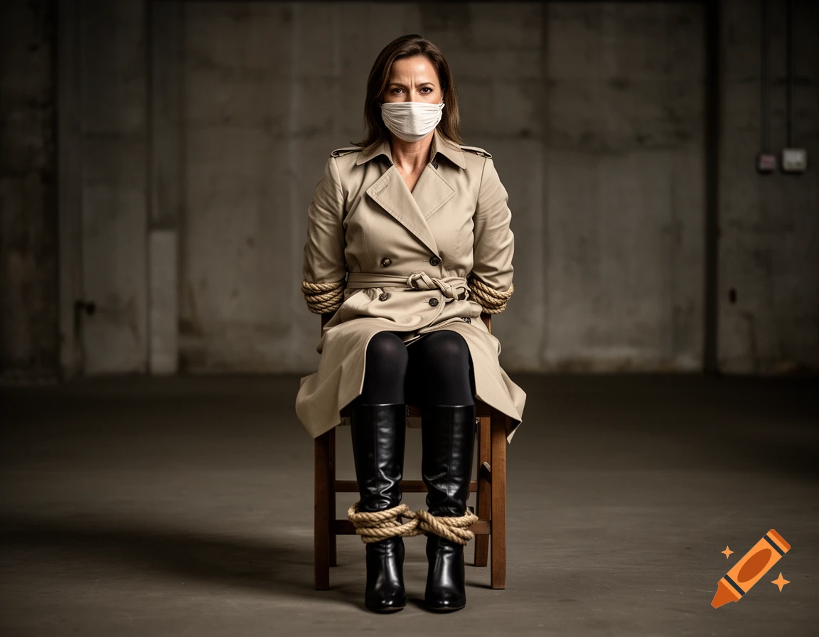 Photorealistic image of a woman wearing a trench coat, face mask, and black boots, seated and tied to a chair in a concrete room.