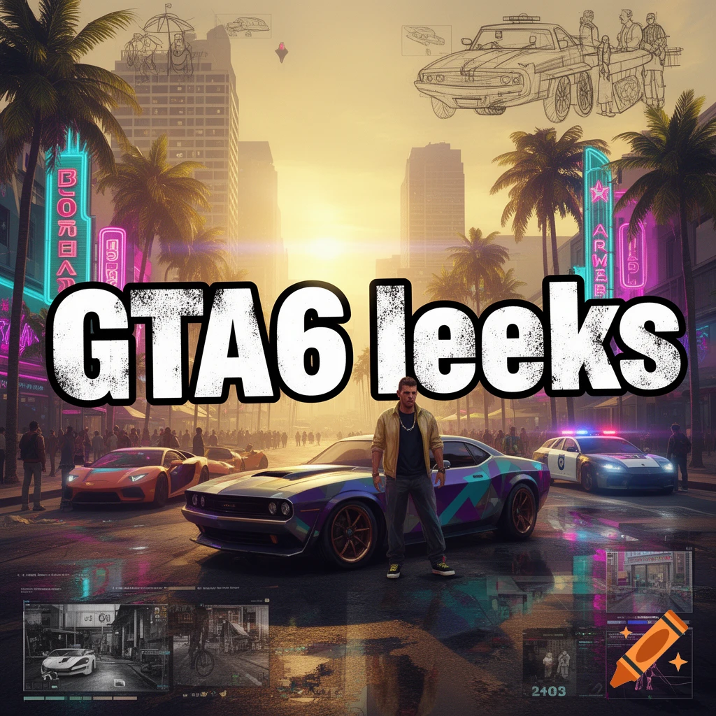 A futuristic city street scene with a central character, sports cars, and bold text reading GTA6 leeks across the image.