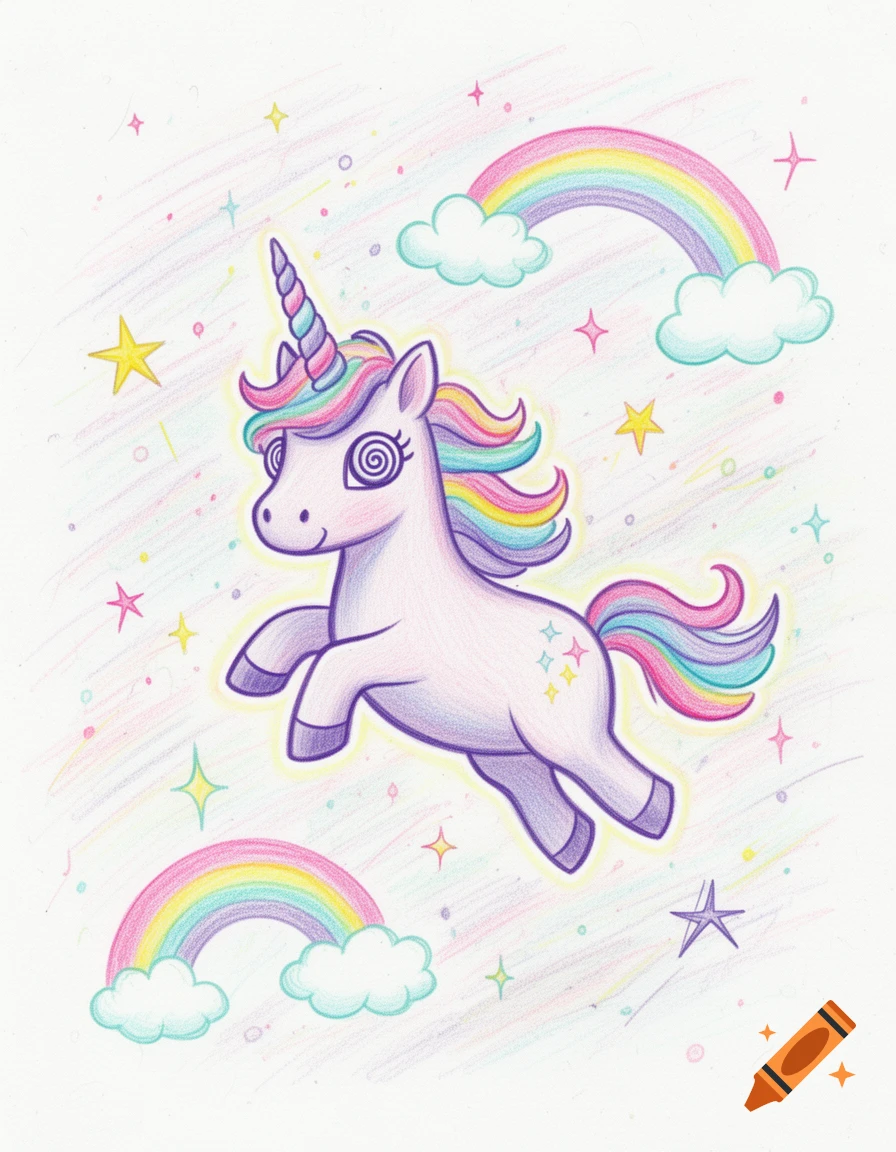 Childish colored pencil drawing of a white unicorn with rainbow mane and tail jumping through stars, clouds, and rainbows.