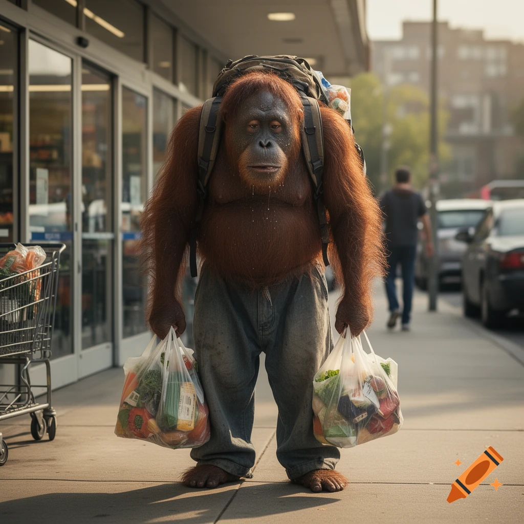 An exhausted, sweating orangutan wearing a backpack and baggy pants, standing on a city sidewalk and holding two bags of groceries.