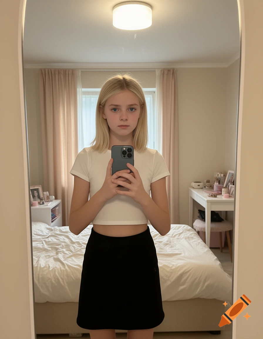 Photorealistic mirror selfie of a blonde teenager taking a photo with a smartphone in her bedroom.