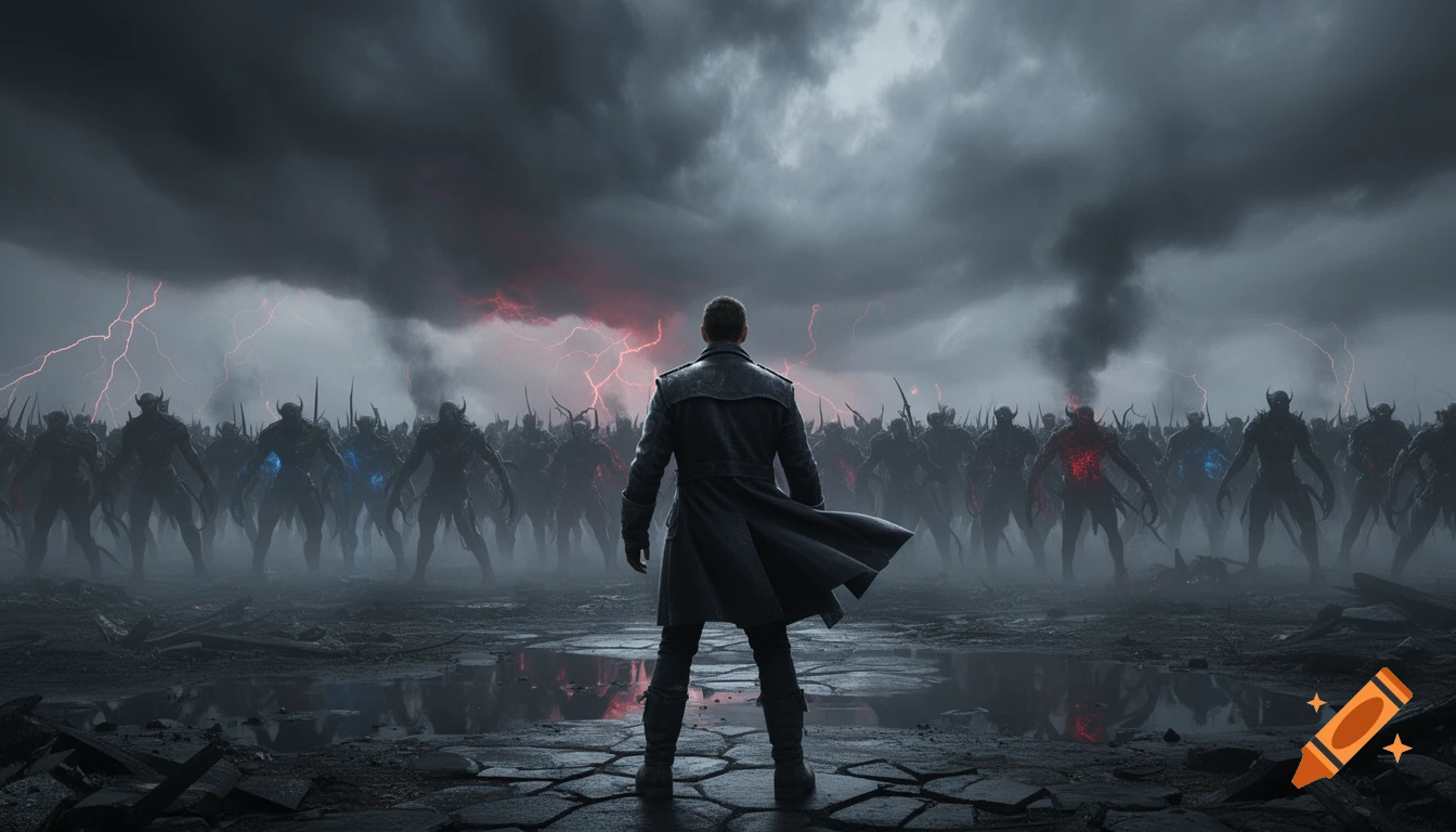 A man in a dark trench coat standing before a massive army of shadow demons under a stormy sky with red lightning, cinematic style.