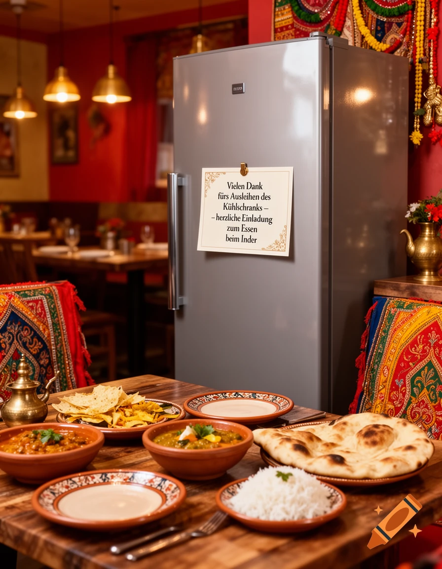 Photorealistic image of a dining table with Indian dishes, naan, and a refrigerator with a thank you note in German.
