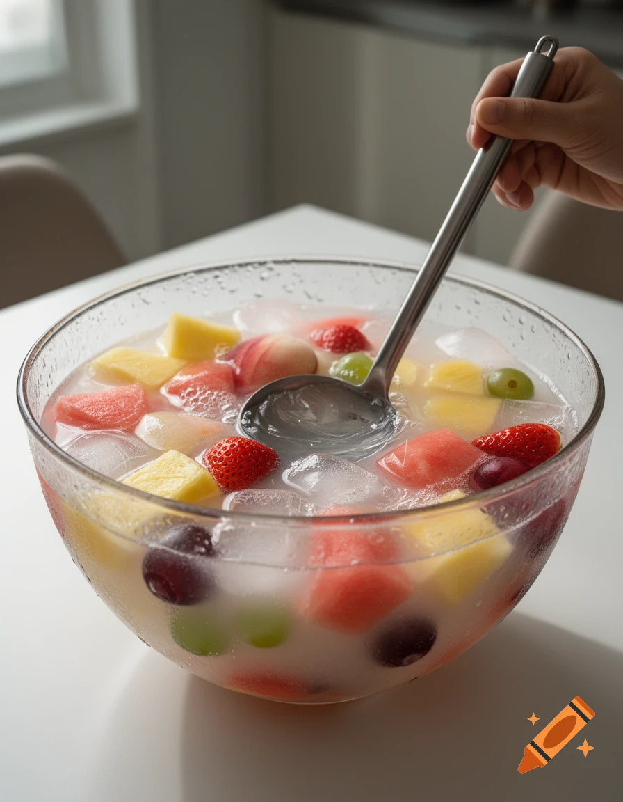 A large glass bowl filled with Korean fruit punch, mixed diced fruits, milk, soda, and ice, with a ladle stirring it.