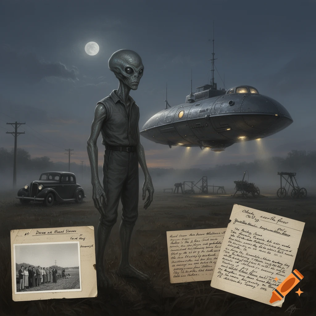 Vintage styled photo of a grey alien standing next to a classic car and a hovering metallic UFO in a field under a full moon.
