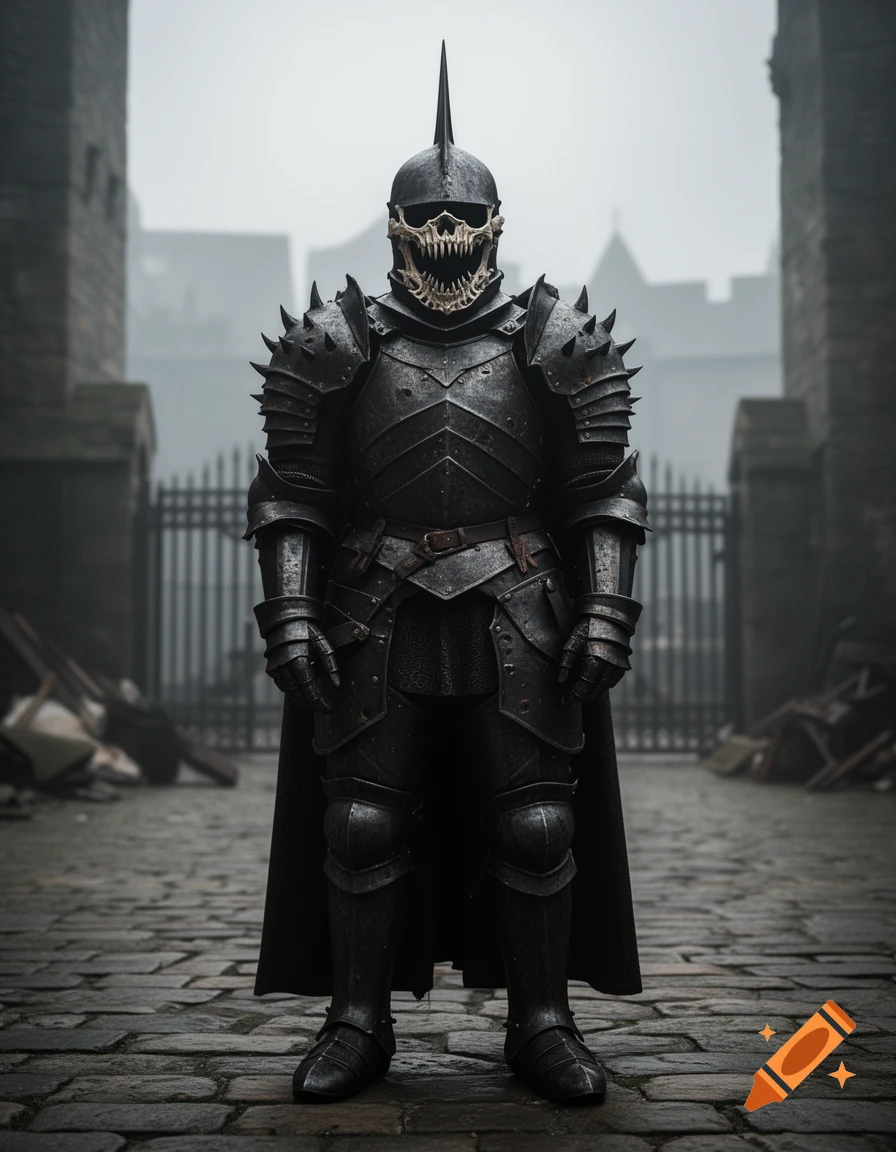 Photorealistic full-body shot of a dark fantasy knight in heavy weathered plate armor with a skull-shaped visor and spikes, standing in a courtyard.