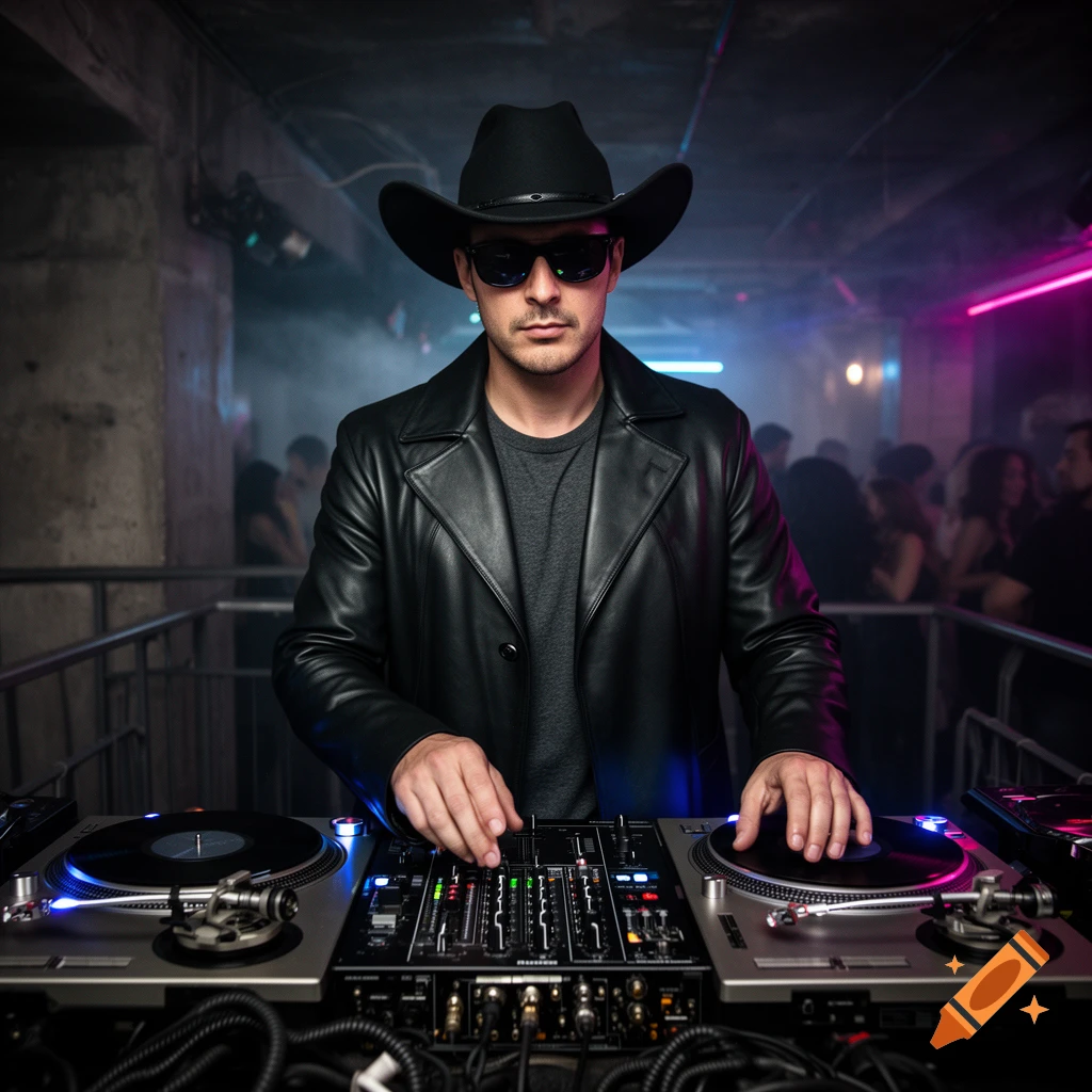 A photorealistic medium shot of a man wearing a black cowboy hat, sunglasses, and leather coat standing behind a DJ turntable mixer in a neon-lit club.