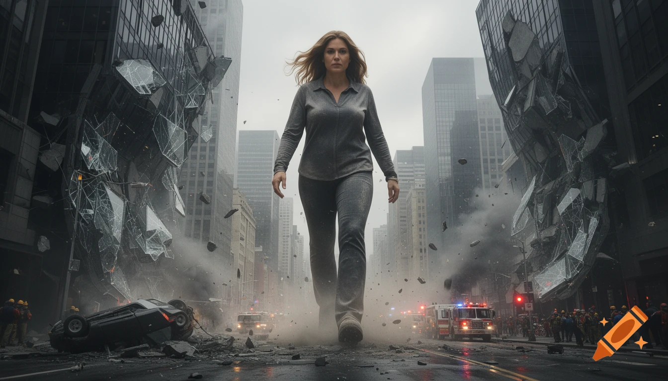 A photorealistic depiction of a giant woman walking down a city street amid destruction and debris.