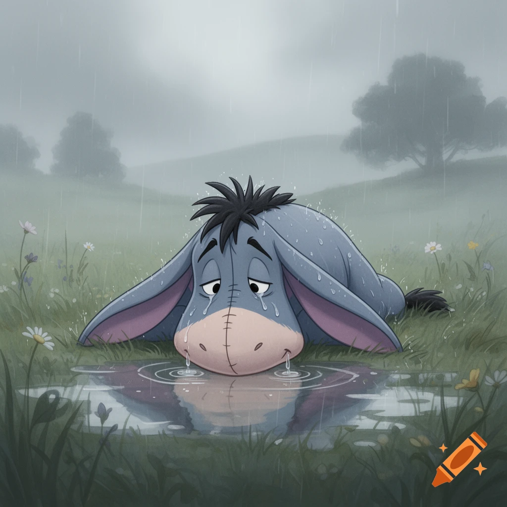 Digital illustration of Eeyore lying sadly in the grass in the rain, creating ripples in a puddle.