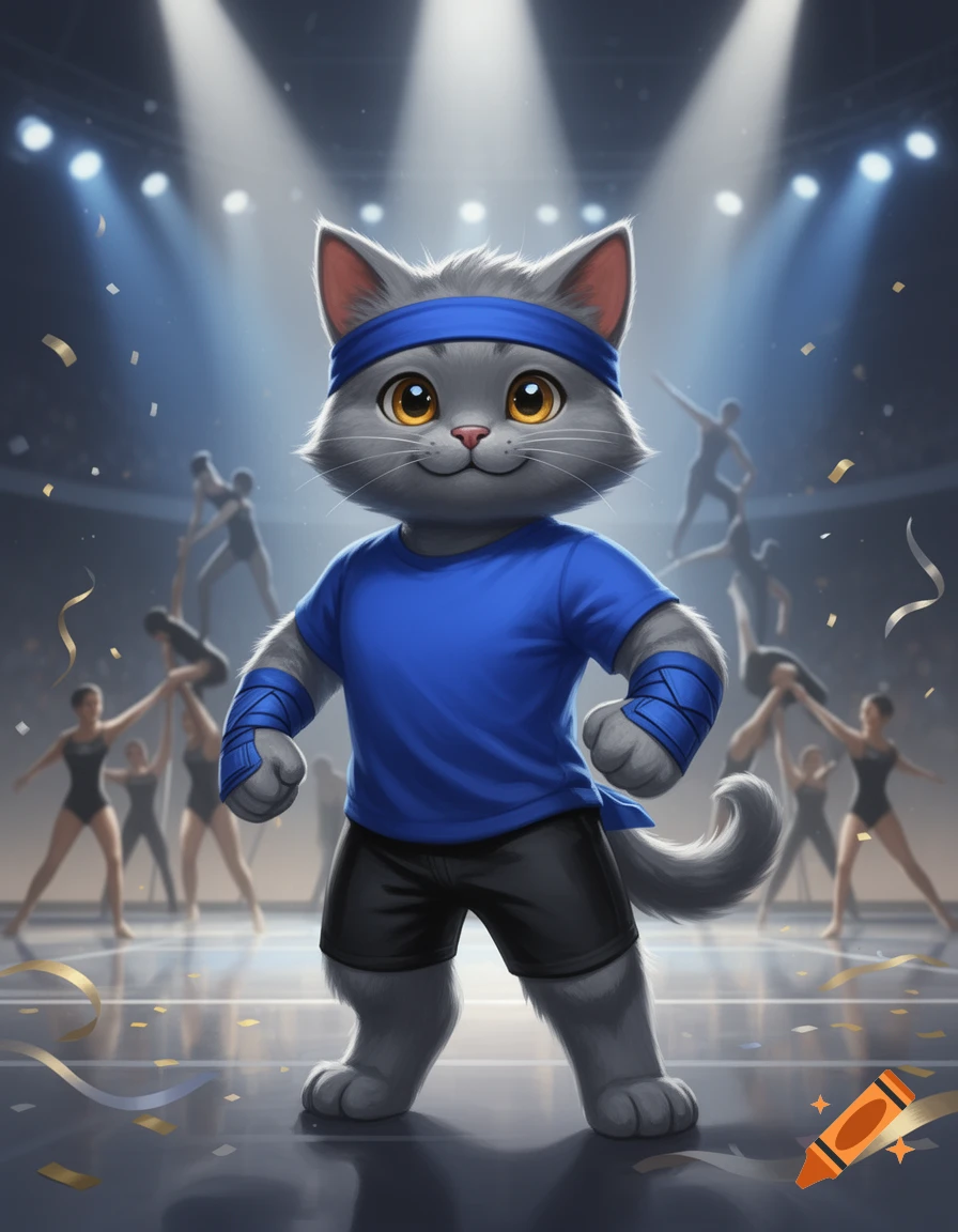 An anthropomorphic gray cat wearing a blue headband, blue t-shirt, and black shorts standing in a gymnasium with background acrobats.