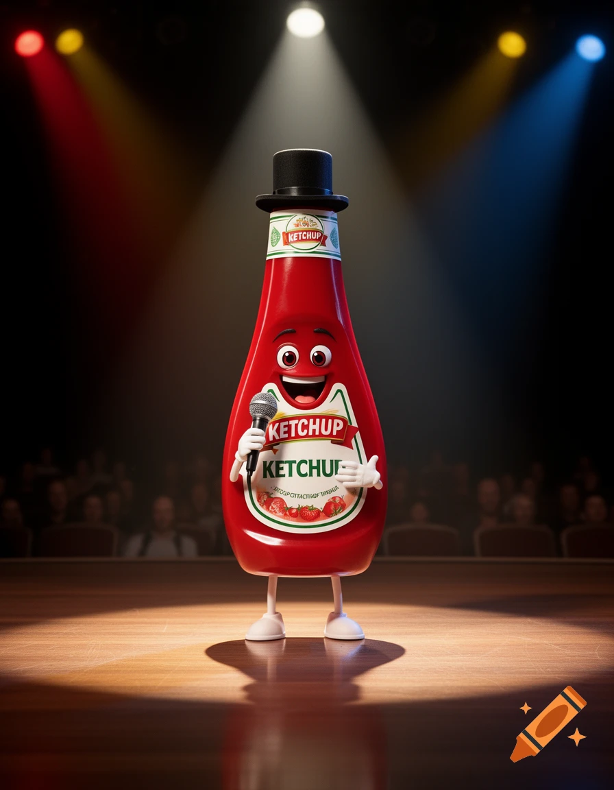 A anthropomorphic ketchup bottle wearing a top hat stands on a stage holding a microphone, with a blurry audience in the background.