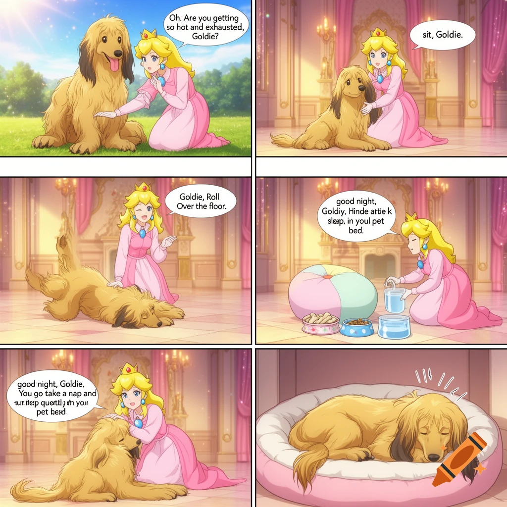 A six-panel anime comic strip showing Princess Peach interacting with her pet golden Afghan hound in a castle.